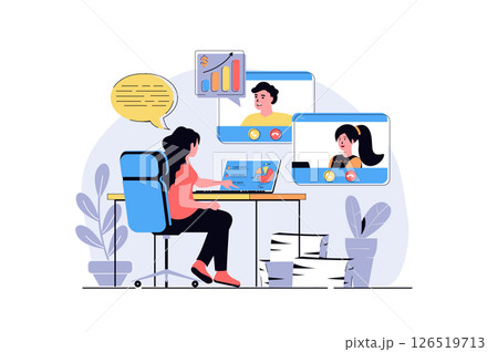 Business meeting web concept with cartoon people design. Man and woman doing work tasks at zoom, make data analysis and discussing presentation. Flat illustration isolated on white background. 126519713