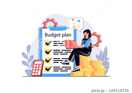 Planning financial budget web concept with cartoon people design. Woman calculating money, making financial analysis, planning with checklist. Flat illustration isolated on white background. 126519720