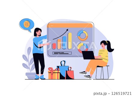 Sales performance web concept with cartoon people design. Women making financial graph analysis, work with business statistics presentation. Flat illustration isolated on white background. 126519721
