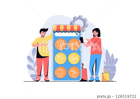 Mobile commerce web concept with cartoon people design. Woman and man making online purchases, ordering clothes, shoes or food at shop in app. Flat illustration isolated on white background. 126519722