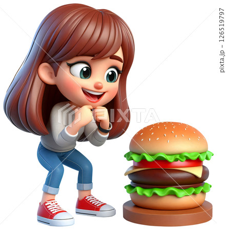 A cute little girl cartoon is seeing a burger and wants to eat it 126519797