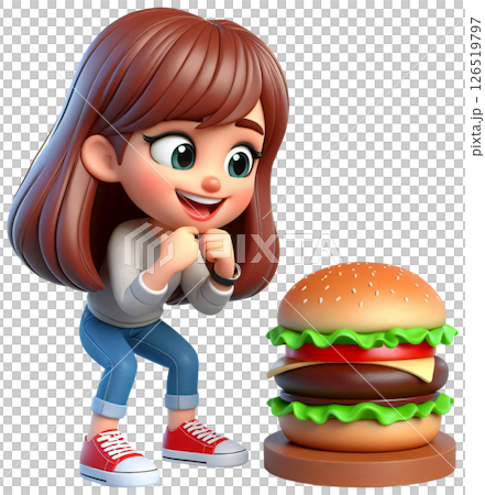 A cute little girl cartoon is seeing a burger and wants to eat it 126519797