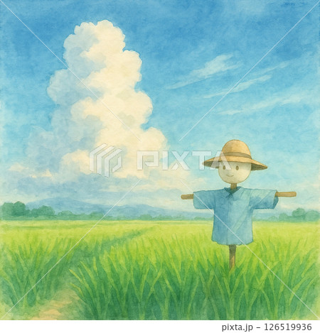 入道雲と案山子の水彩背景 – Summer Cumulonimbus & Scarecrow Wat 126519936