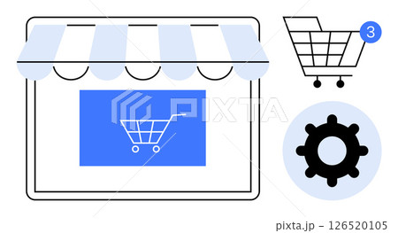 Digital storefront with awning, shopping cart icons, and settings gear. Ideal for e-commerce platforms, online retail, digital marketing, basket management, app development, user experience 126520105