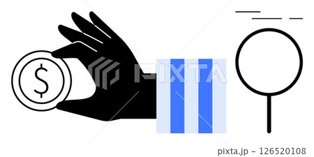 Hand holding a coin with dollar sign, magnifying glass, and bar graph with vertical lines. Ideal for business finance, investment, data search, financial analysis, market research, economic studies 126520108
