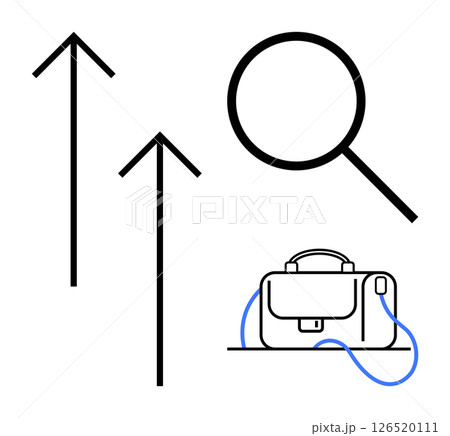 Upward arrows indicating growth, magnifying glass representing search or focus, and a briefcase symbolizing business or work. Ideal for business strategy, career advancement, market analysis 126520111