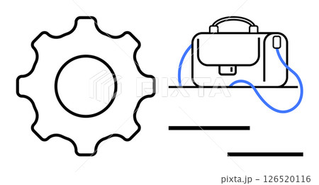 Gear symbol next to a business briefcase with blue strap, lines below. Ideal for business, productivity, management, efficiency, corporate identity, work-life balance, and professional services. Line Gear symbol next to a business briefcase with blue strap, lines below. Ideal for business, productivity, management, efficiency, corporate identity, work-life balance, and professional services. Line 126520116