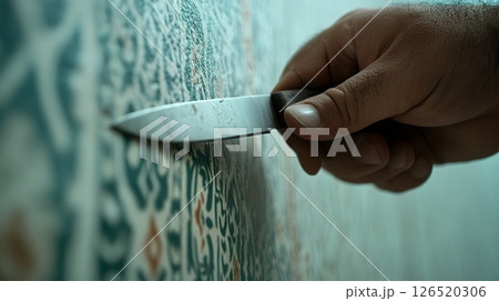 Close up of a hand using a knife to scrape intricate textures on a wall, focusing on detail and craftsmanship 126520306