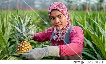 Woman in a hijab holding a fresh pineapple in a lush greenhouse, symbolizing growth and agriculture 126520311
