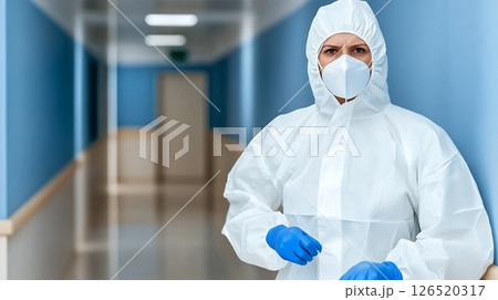 Healthcare worker wearing protective gear in a hospital hallway, emphasizing safety and health 126520317