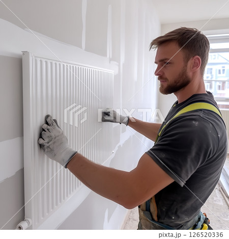 A focused man installs a new radiator in a home, ensuring proper placement and function 126520336