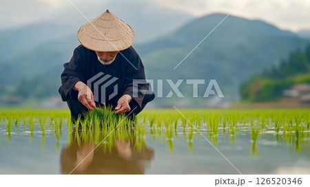 Elderly farmer planting rice seedlings in a flooded field, set against scenic mountains 126520346
