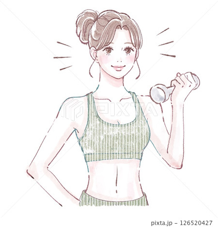 ダンベル, 女性, 筋トレ, フィットネス, 運動, エクササイズ, ワークアウト, 筋肉, トレー ダンベル, 女性, 筋トレ, フィットネス, 運動, エクササイズ, ワークアウト, 筋肉, トレー 126520427