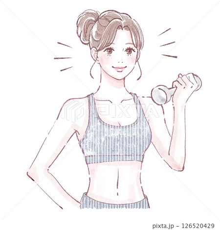 ダンベル, 女性, 筋トレ, フィットネス, 運動, エクササイズ, ワークアウト, 筋肉, トレー 126520429
