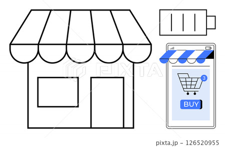 Physical storefront next to a smartphone displaying an online shopping cart with a buy button. Battery icon showing energy. Ideal for retail, e-commerce, online shopping, digital marketing 126520955