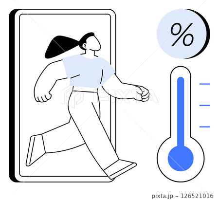 Woman stepping out of smartphone screen, thermometer icon with blue bar, percentage sign in blue circle next to them. Ideal for concepts of digital transformation, progress, technology, growth Woman stepping out of smartphone screen, thermometer icon with blue bar, percentage sign in blue circle next to them. Ideal for concepts of digital transformation, progress, technology, growth 126521016
