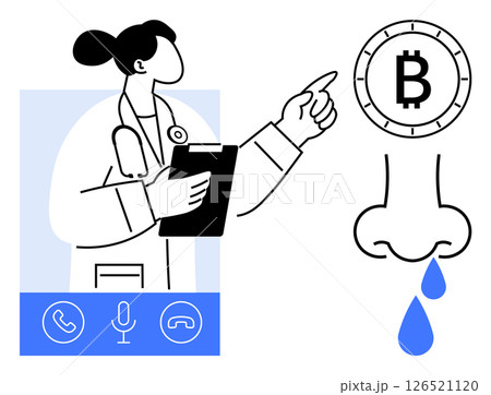 Doctor with clipboard conducting video consultation. Displays Bitcoin symbol, runny nose, phone, microphone icons. Ideal for telemedicine, cryptocurrency, healthcare, remote diagnostics, blockchain Doctor with clipboard conducting video consultation. Displays Bitcoin symbol, runny nose, phone, microphone icons. Ideal for telemedicine, cryptocurrency, healthcare, remote diagnostics, blockchain 126521120