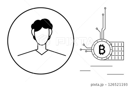 A minimalist black and white design shows a human profile within a circle next to a Bitcoin symbol integrated into a circuit board framework. Ideal for cryptocurrency finance technology digital A minimalist black and white design shows a human profile within a circle next to a Bitcoin symbol integrated into a circuit board framework. Ideal for cryptocurrency finance technology digital 126521193