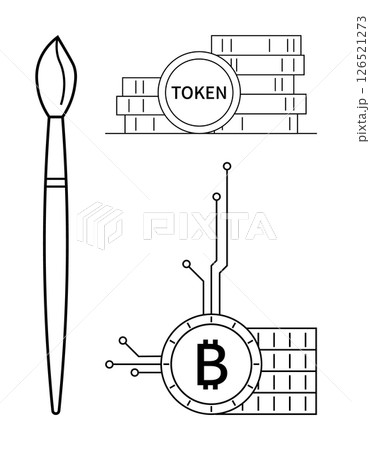Brush beside stack of token coins and Bitcoin symbol connected to circuits. Ideal for cryptocurrency, digital art, blockchain, fintech, modern economy. Simple outline style Brush beside stack of token coins and Bitcoin symbol connected to circuits. Ideal for cryptocurrency, digital art, blockchain, fintech, modern economy. Simple outline style 126521273
