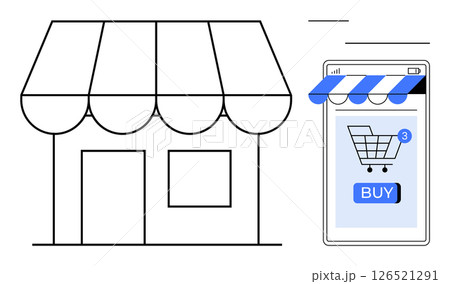 Depicts a traditional storefront next to a mobile phone screen showing an online shopping cart and buy button. Ideal for e-commerce, retail, digital marketing, mobile shopping, and business growth Depicts a traditional storefront next to a mobile phone screen showing an online shopping cart and buy button. Ideal for e-commerce, retail, digital marketing, mobile shopping, and business growth 126521291