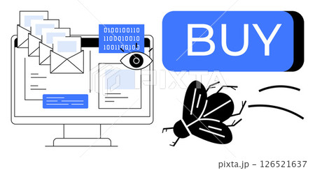 Computer screen shows multiple email messages, binary code, an eye symbol, large BUY button, and a bug. Ideal for cybersecurity, online shopping, email safety, data protection, digital threats, IT Computer screen shows multiple email messages, binary code, an eye symbol, large BUY button, and a bug. Ideal for cybersecurity, online shopping, email safety, data protection, digital threats, IT 126521637