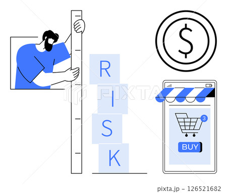 A businessman measures risk while financial and e-commerce symbols convey business and economic themes. Ideal for risk management, financial planning, e-commerce, business strategy, economy analysis 126521682