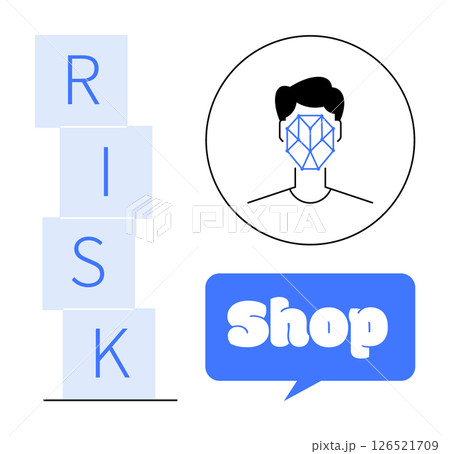 Stack of blocks spelling RISK, person with a geometric mask symbolizing digital identity in profile, and blue speech bubble with word Shop. Ideal for online shopping, cybersecurity, digital identity 126521709