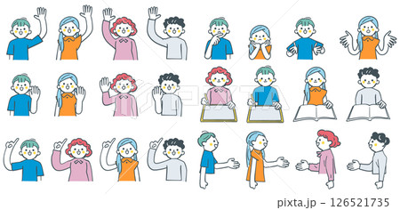 使いやすい小学生男女上半身図　挙手　学習他　セットのストックイラスト素材 126521735