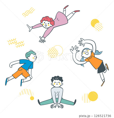 輪を描くように飛んだり座ったりしている小学生たち　セットのストックイラスト素材 126521736