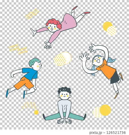輪を描くように飛んだり座ったりしている小学生たち　セットのストックイラスト素材 126521736