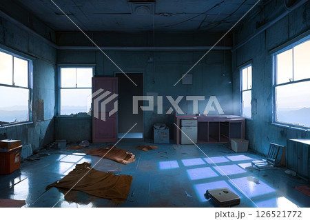 ゲーム背景　廃墟となった荒れ果てた青い部屋 126521772