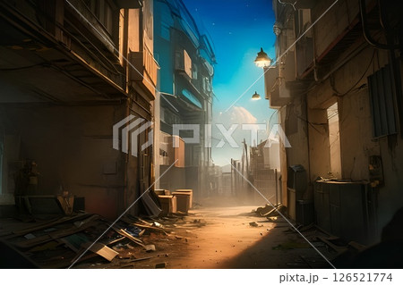 ゲーム背景　不穏な雰囲気な路地裏の夜明け 126521774