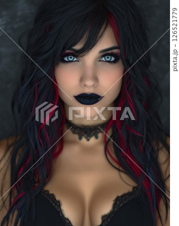 ミステリアスなまなざしとゴシックスタイルの美しい女性 ミステリアスなまなざしとゴシックスタイルの美しい女性 126521779