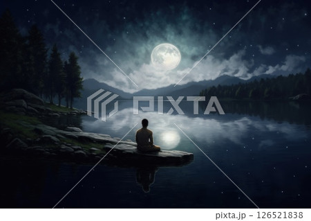 Back view of meditating man sitting by a lake with reflection of moonlight on the water 126521838