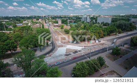 Road construction site with tram tracks repair and maintenance aerial timelapse. 126521911
