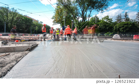 Road construction site with tram tracks repair and maintenance timelapse hyperlapse. 126521922