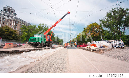 Road construction site with tram tracks repair and maintenance timelapse hyperlapse. 126521924
