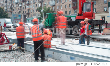 Road construction site with tram tracks repair and maintenance timelapse. 126521927