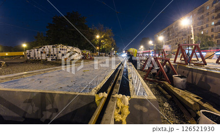 Road construction site with tram tracks repair and maintenance timelapse hyperlapse. Road construction site with tram tracks repair and maintenance timelapse hyperlapse. 126521930