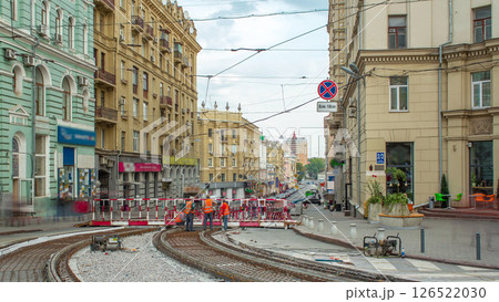 Workers with protective mask welding reinforcement for tram tracks in the city timelapse Workers with protective mask welding reinforcement for tram tracks in the city timelapse 126522030