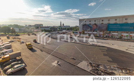 Large view on the road rollers working on the new road construction site aerial timelapse 126522095