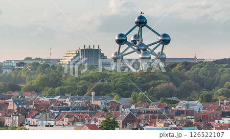 Aerial view of city skyline timelapse with the Atomium in Brussels, Belgium. Aerial view of city skyline timelapse with the Atomium in Brussels, Belgium. 126522107