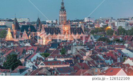 Aerial view of Schaerbeek Town Hall day to night timelapse in Brussels, Belgium. 126522109