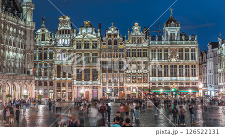 Illuminated Grand Place Guilds facade day to night timelapse in Brussels, Belgium. 126522131