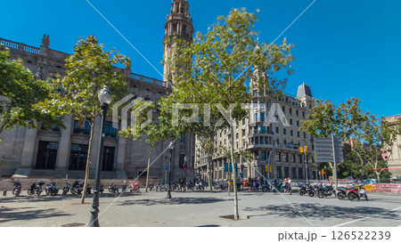 Walking through the streets of Barcelona to monument on Plaza Antonio Lopez and Old Post Office timelapse hyperlapse, Barcelona, Spain. 126522239