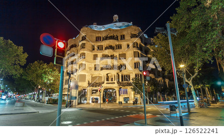 Architecture detail of Casa Mila night timelapse hyperlapse, better known as La Pedrera, in Barcelona, Spain. 126522241