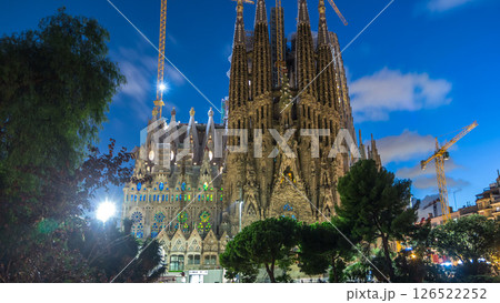 Sagrada Familia, a large church in Barcelona, Spain day to night timelapse. Sagrada Familia, a large church in Barcelona, Spain day to night timelapse. 126522252