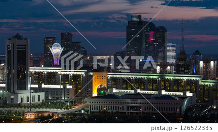 Elevated night view over the city center and central business district with bayterek Timelapse, Kazakhstan, Astana Elevated night view over the city center and central business district with bayterek Timelapse, Kazakhstan, Astana 126522335