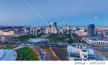 Elevated view over the city center and central business district day to night timelapse, Central Asia, Kazakhstan, Astana 126522352