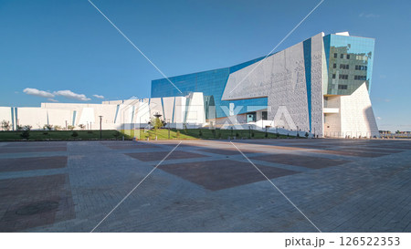 National Museum of Republic of Kazakhstan and the fountain Sak warriors timelapse hyperlapse in Astana 126522353